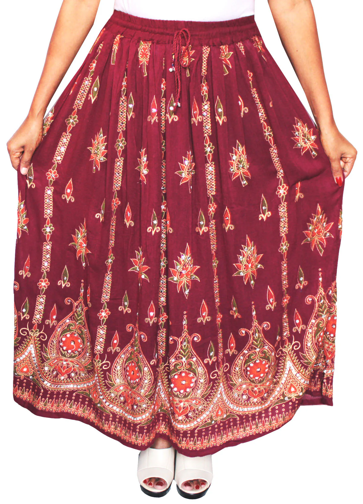 Ankle Length Womens Long Indian Skirts Sequins Rayon India (Maroon) - Image 2