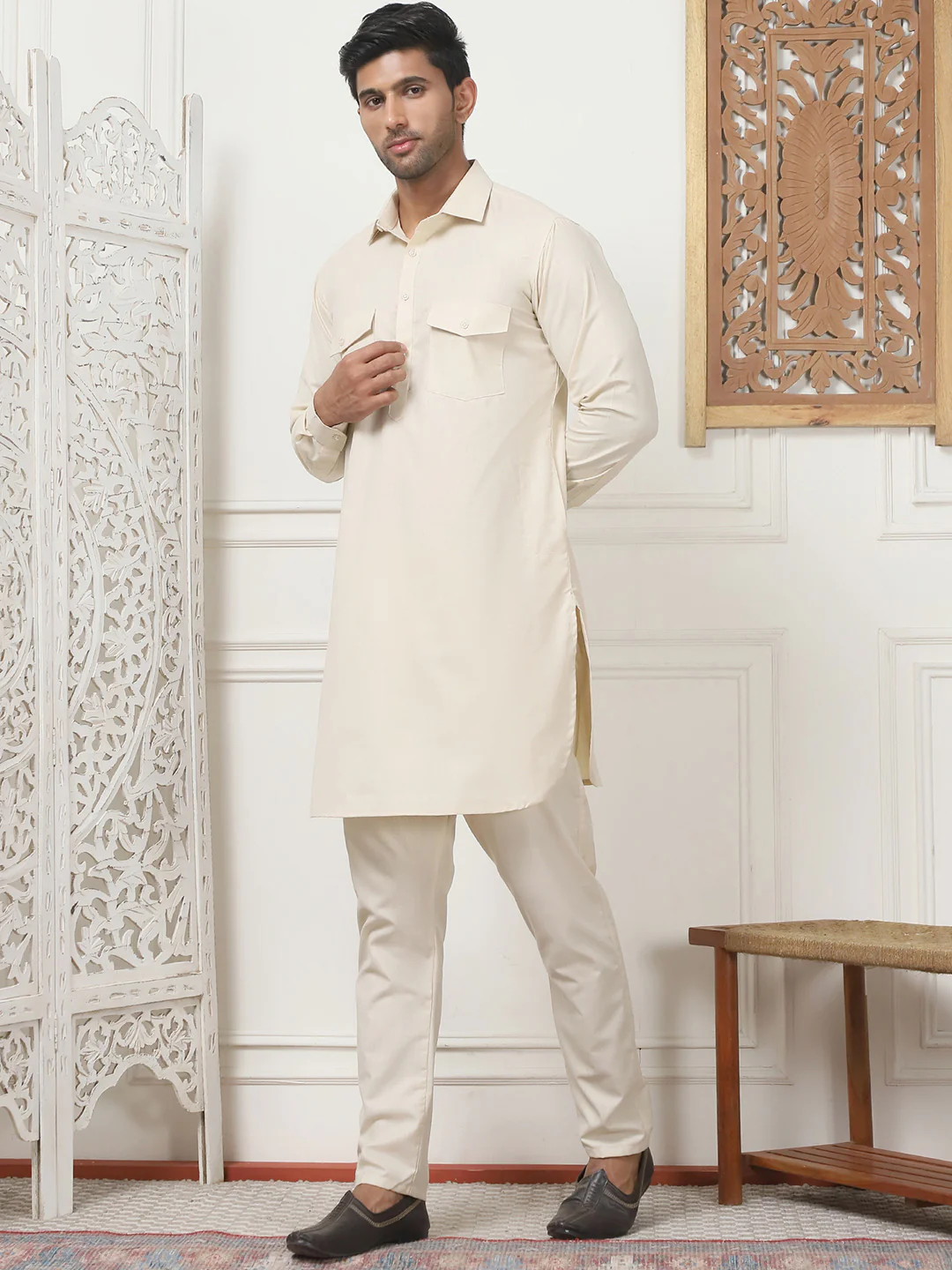 Beige Punjabi Kurta Pajama Set – Cotton Indian Outfit for Men - Image 2
