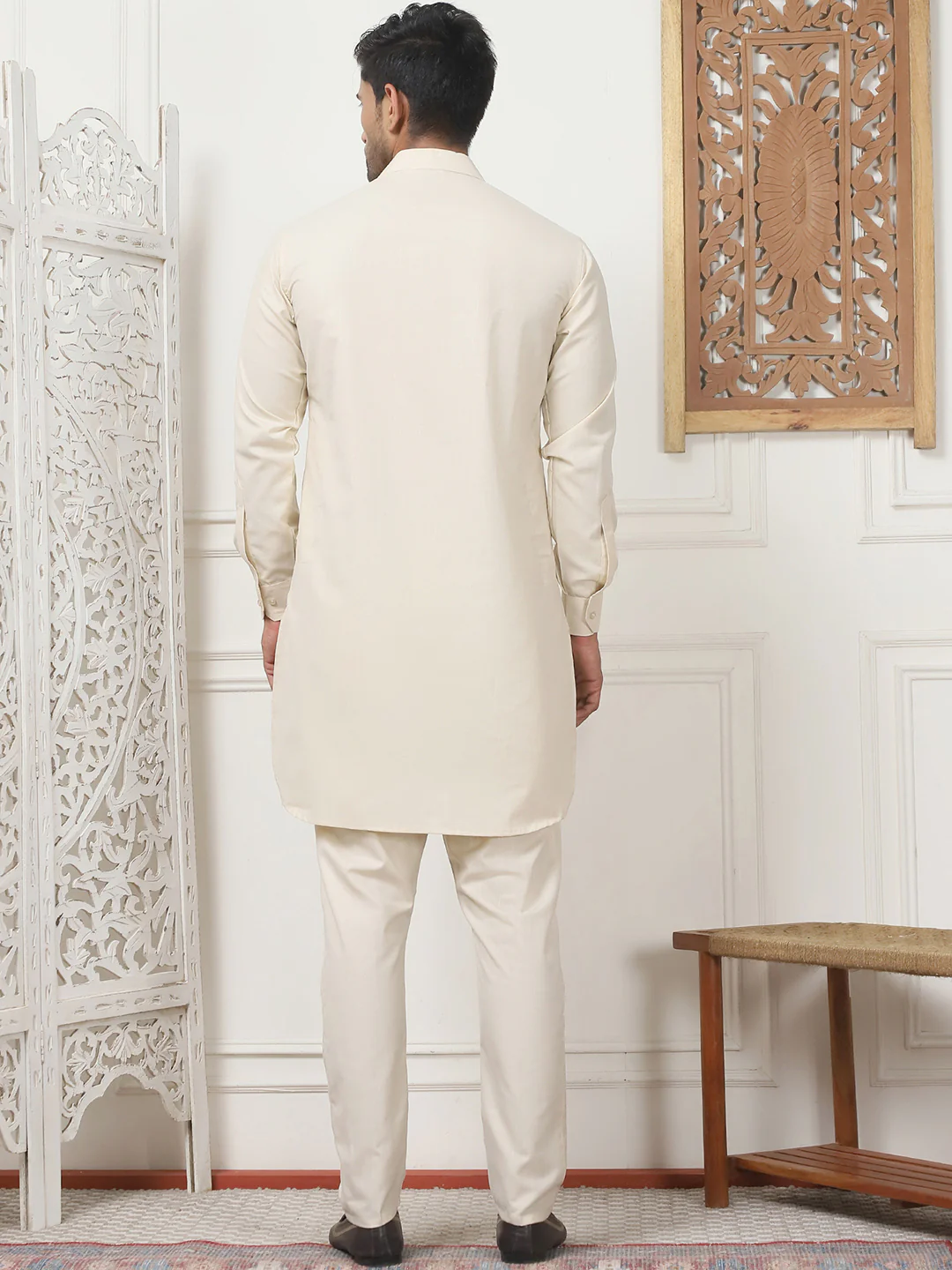 Beige Punjabi Kurta Pajama Set – Cotton Indian Outfit for Men - Image 3