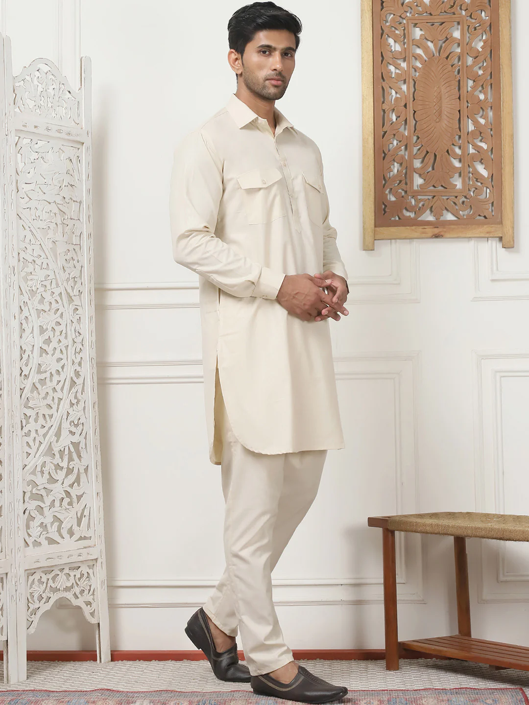 Beige Punjabi Kurta Pajama Set – Cotton Indian Outfit for Men - Image 4