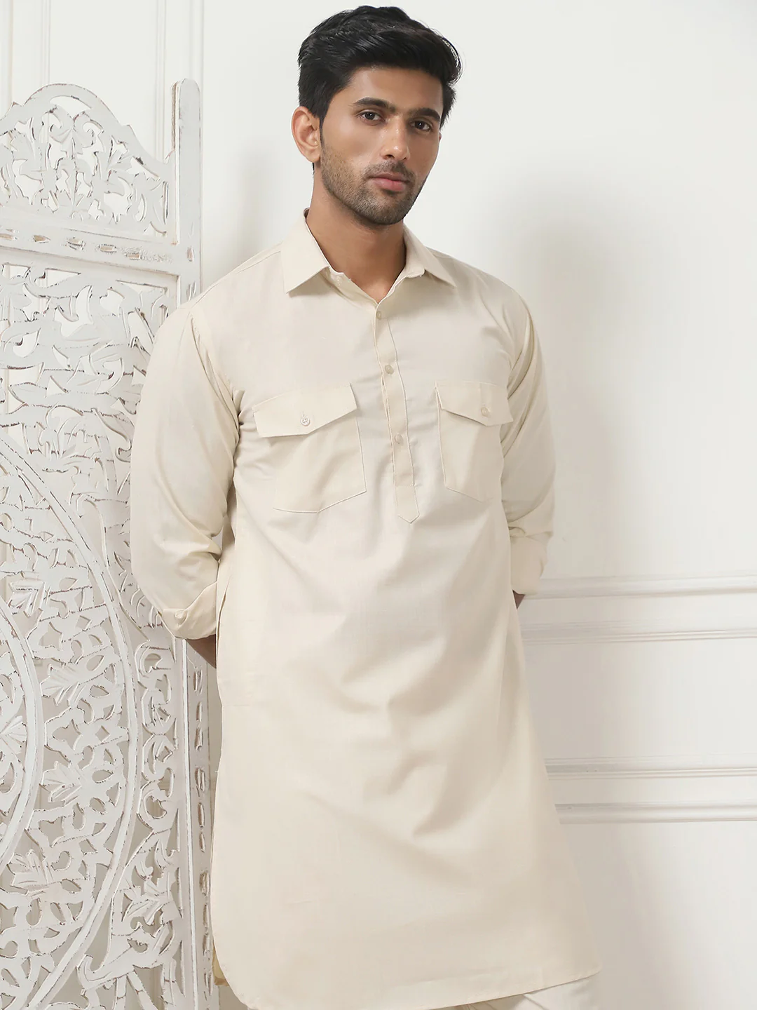 Beige Punjabi Kurta Pajama Set – Cotton Indian Outfit for Men - Image 5