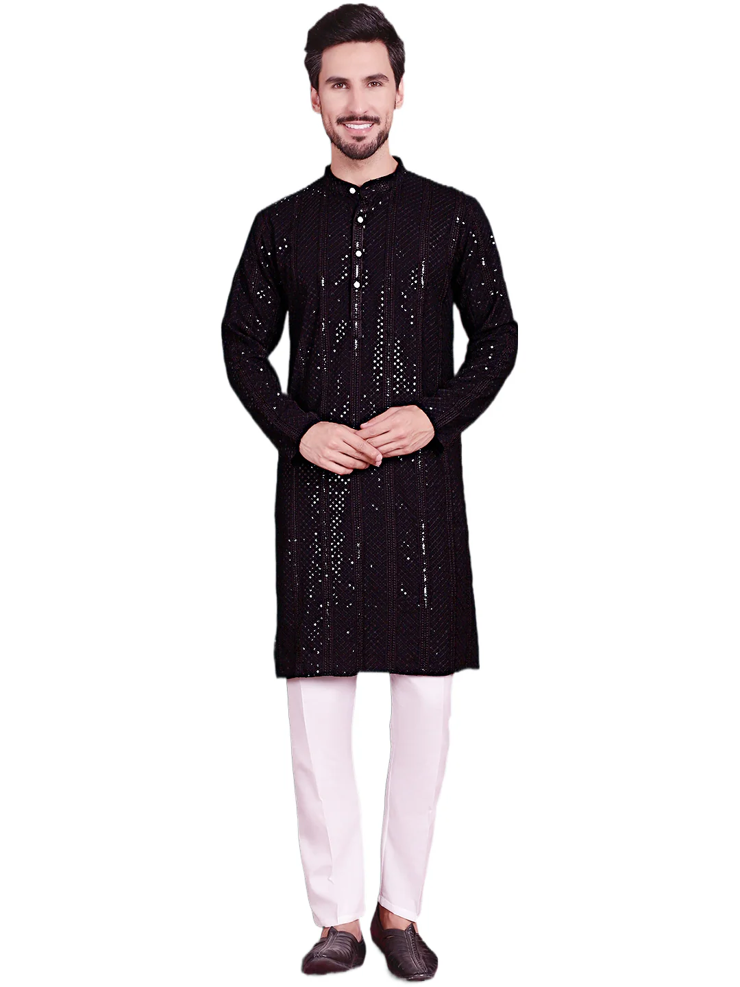 Black Chikankari Sequined Rayon Men's Kurta Pajama Party Wear