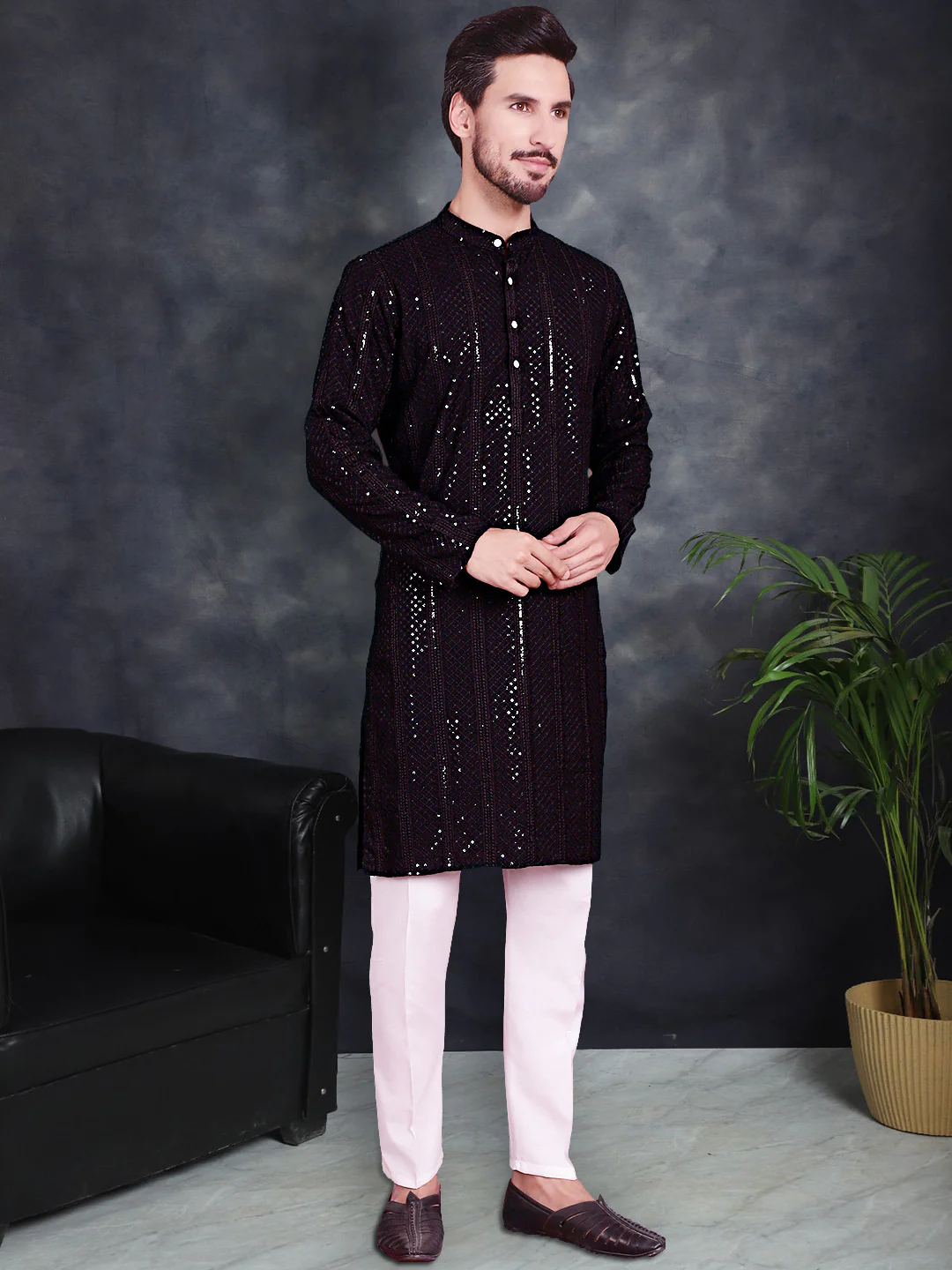 Black Chikankari Sequined Rayon Men's Kurta Pajama Party Wear - Image 2