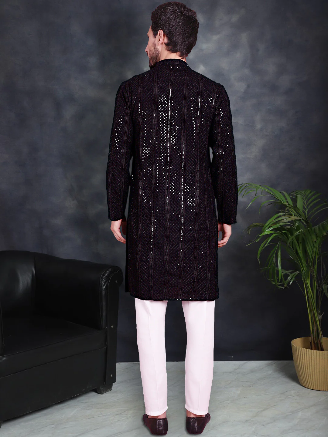 Black Chikankari Sequined Rayon Men's Kurta Pajama Party Wear - Image 3
