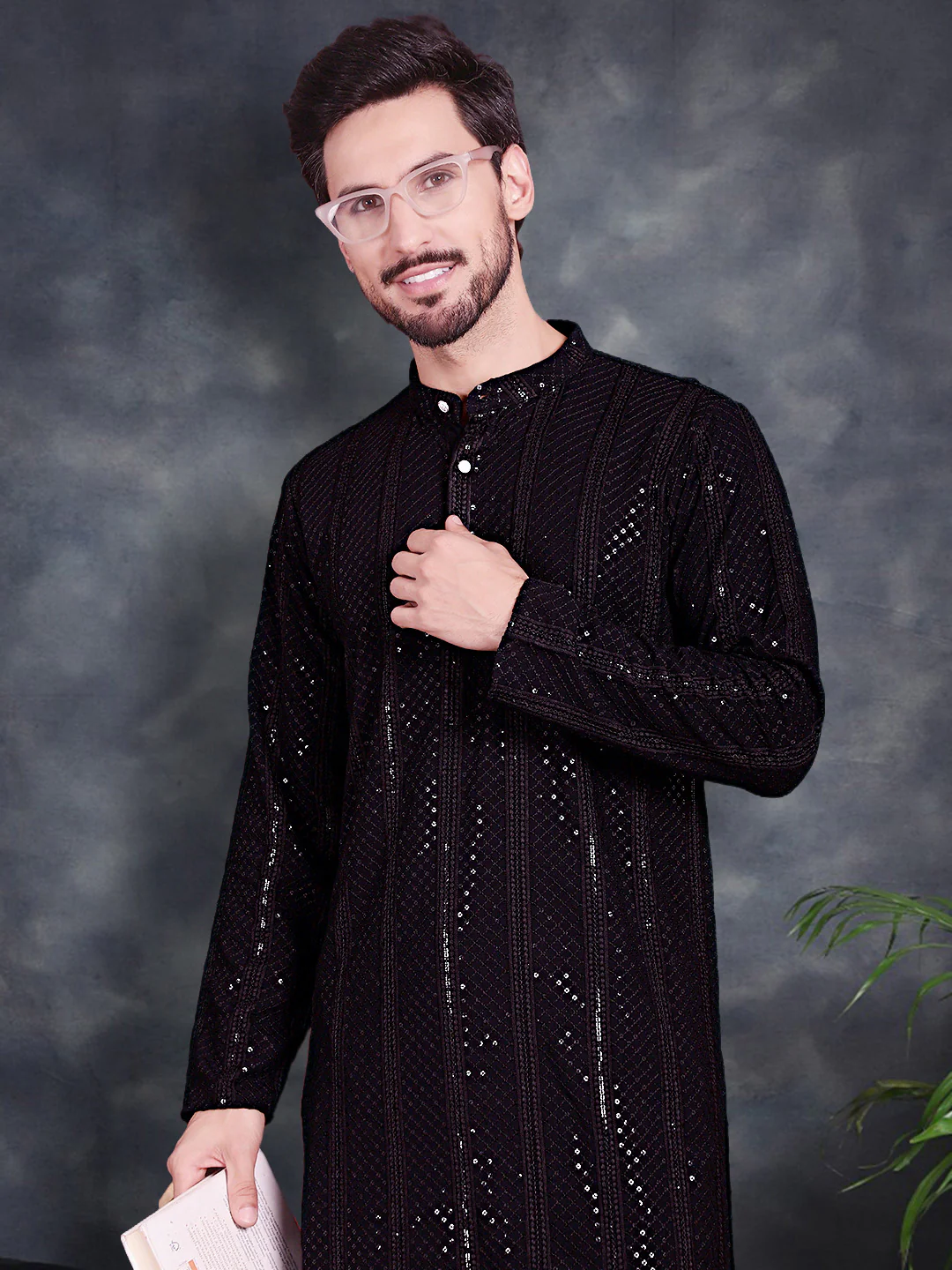 Black Chikankari Sequined Rayon Men's Kurta Pajama Party Wear - Image 4