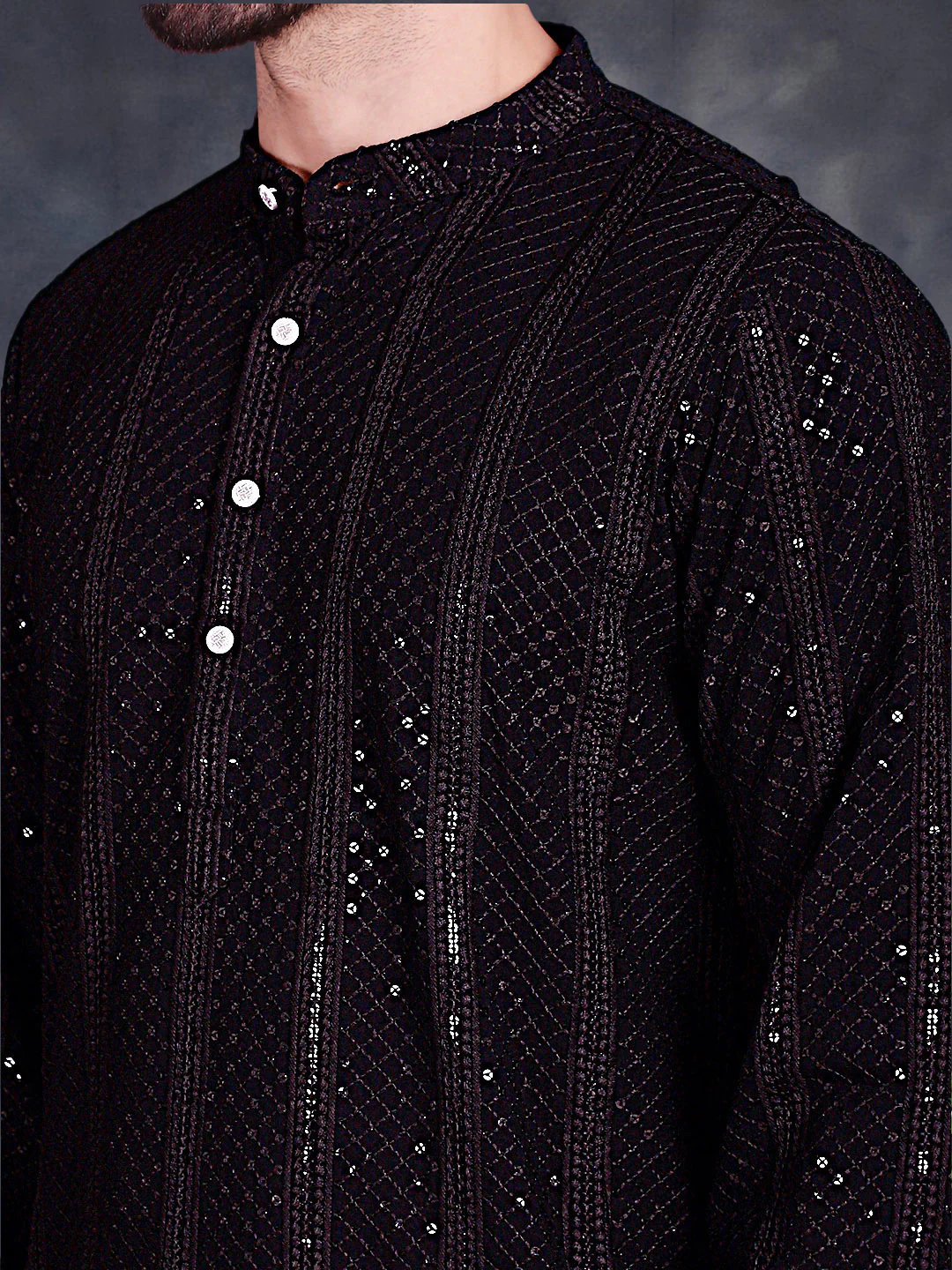 Black Chikankari Sequined Rayon Men's Kurta Pajama Party Wear - Image 5
