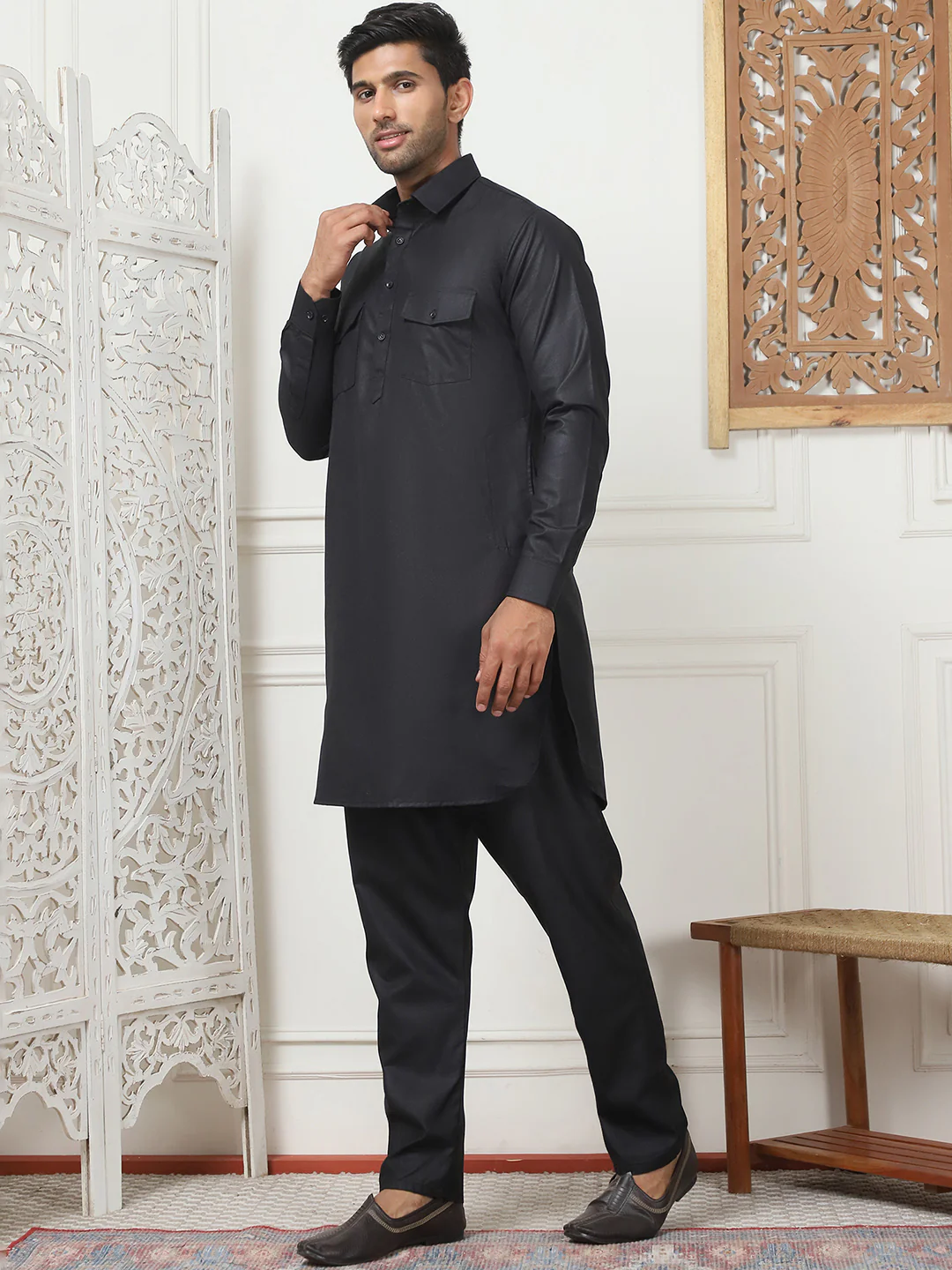 Black Punjabi Kurta Pajama Set – Cotton Indian Outfit for Men - Image 2