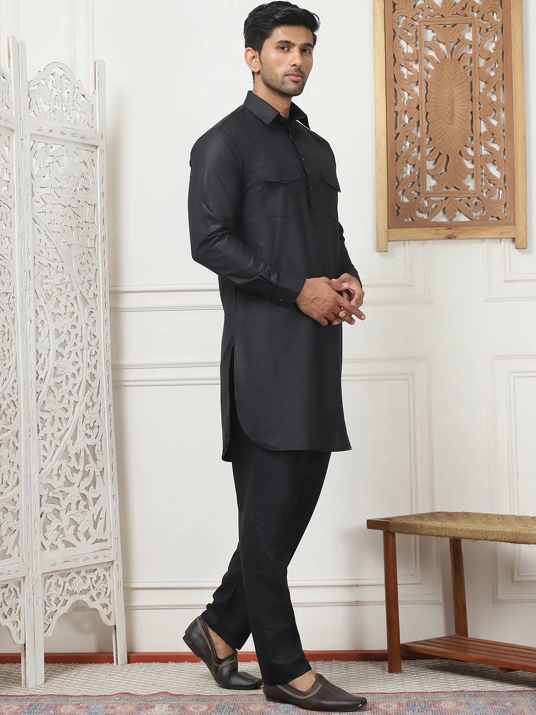 Black Punjabi Kurta Pajama Set – Cotton Indian Outfit for Men - Image 4