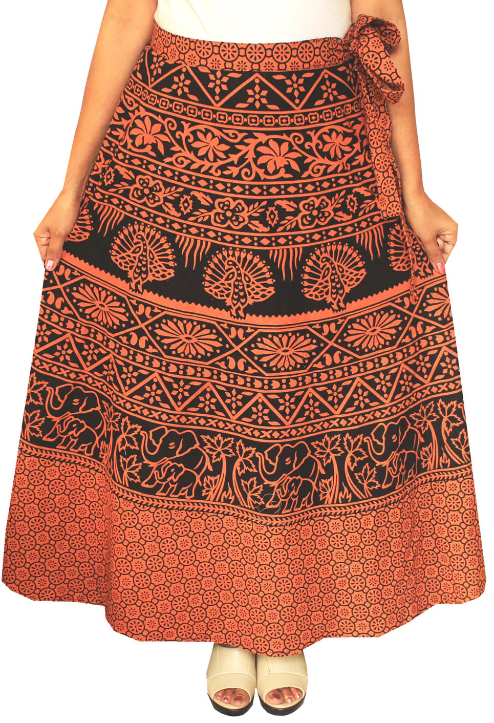 Block Print Long Skirt Wrap Around Cotton Indian Clothes (Brown) - Image 2