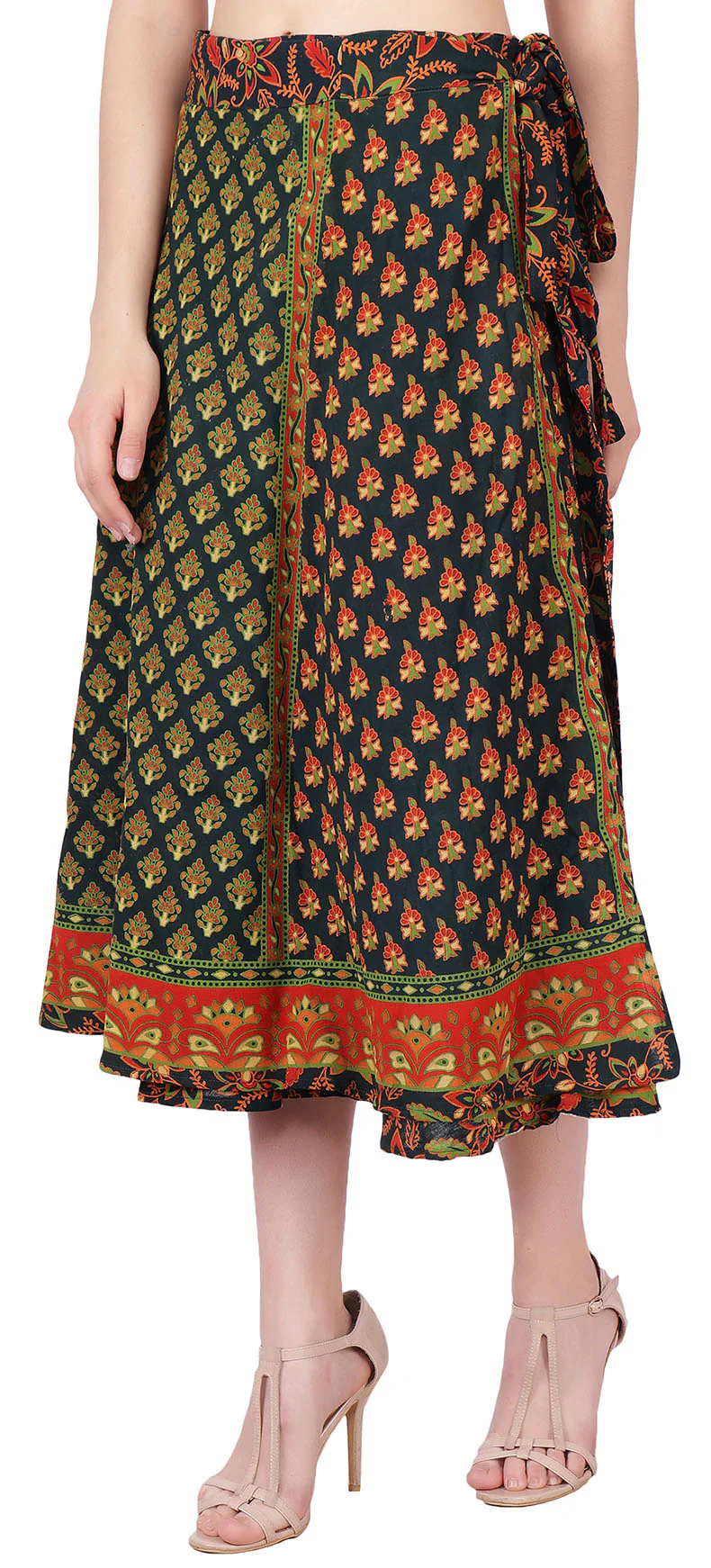 Block Printed Long Wrap Skirt Women's India Cotton (Green, One Size) - Image 2