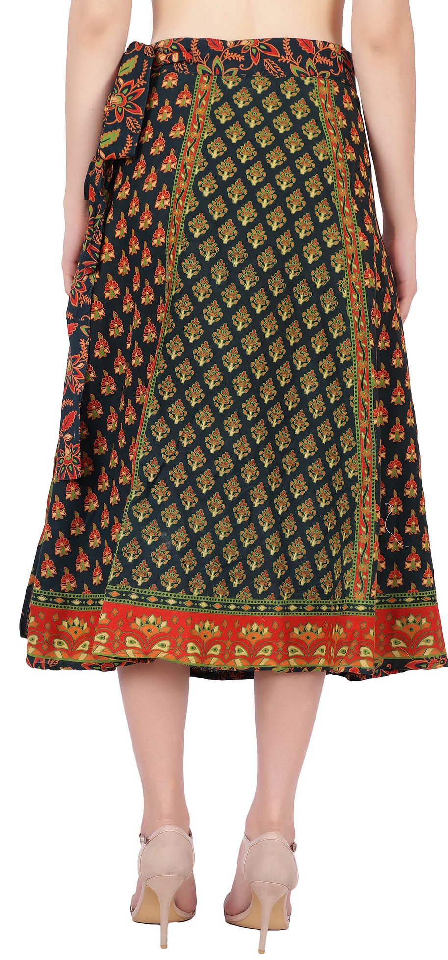 Block Printed Long Wrap Skirt Women's India Cotton (Green, One Size) - Image 3