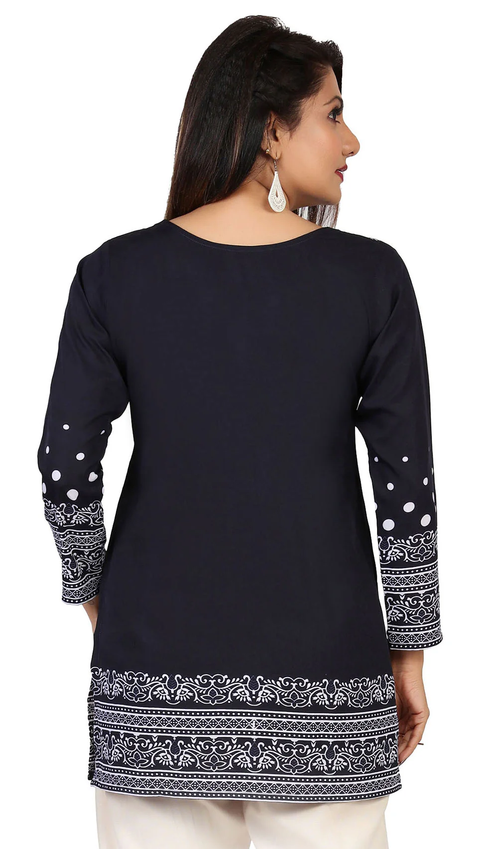 Buy Indian Kurta Online-Elegant Blue Printed Kurti Top with White Patterns - Image 2