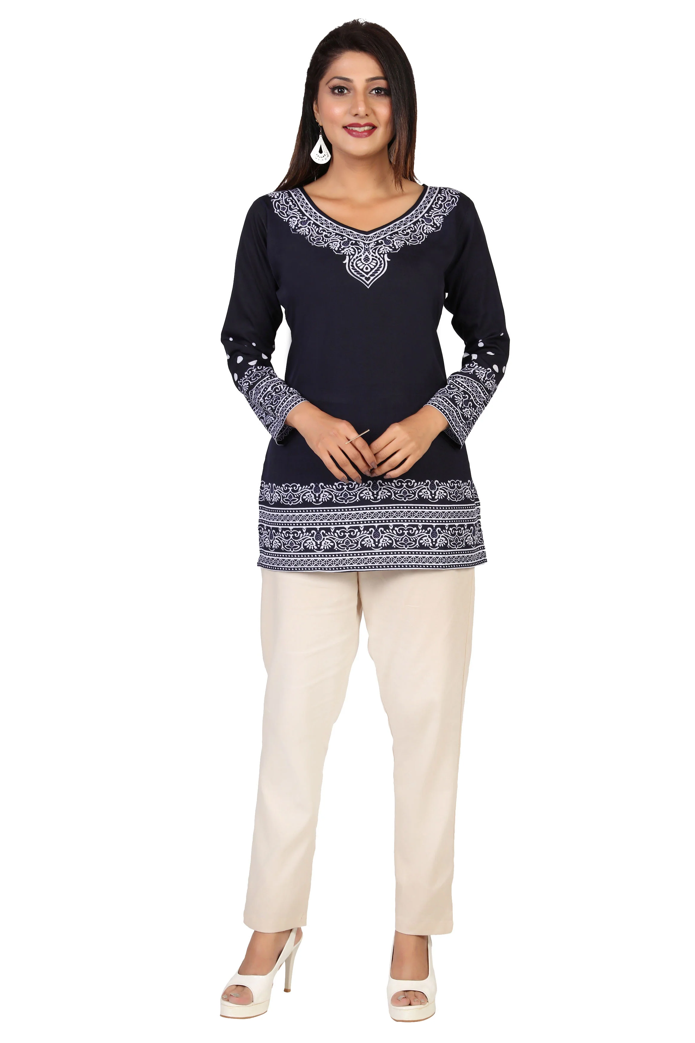Buy Indian Kurta Online-Elegant Blue Printed Kurti Top with White Patterns - Image 4