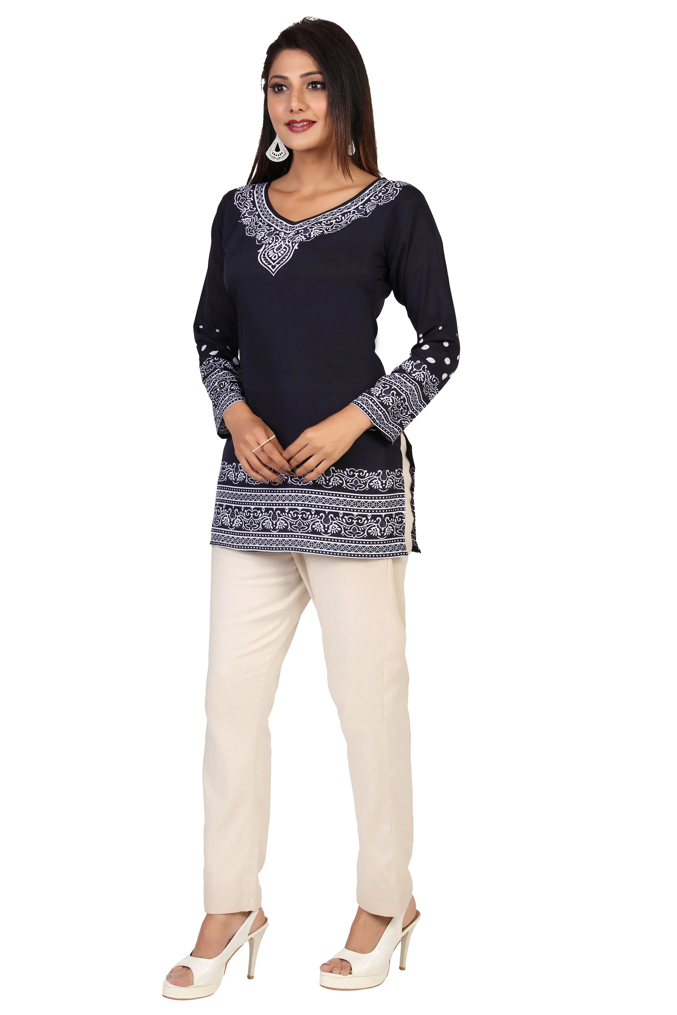 Buy Indian Kurta Online-Elegant Blue Printed Kurti Top with White Patterns - Image 5