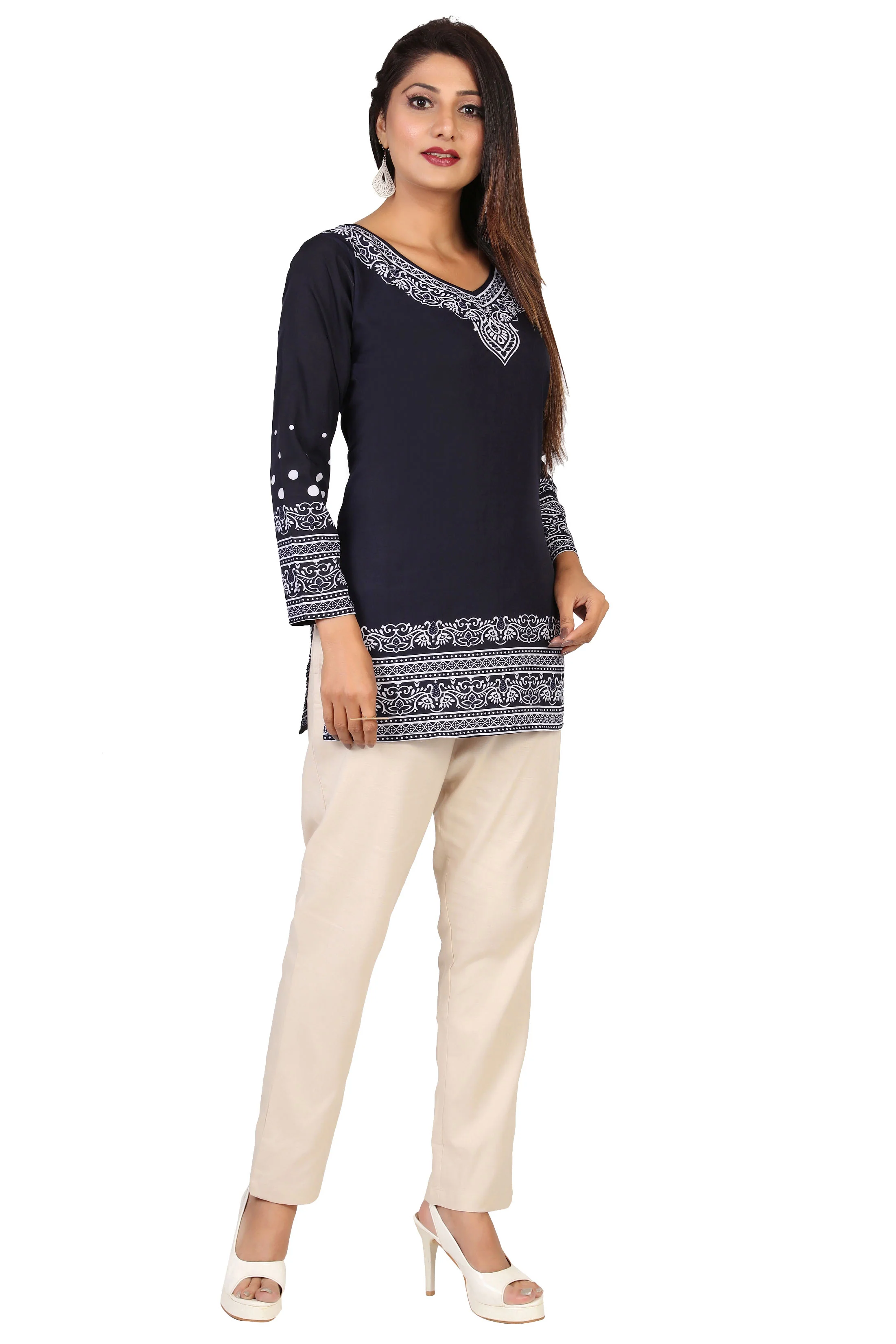 Buy Indian Kurta Online-Elegant Blue Printed Kurti Top with White Patterns - Image 6