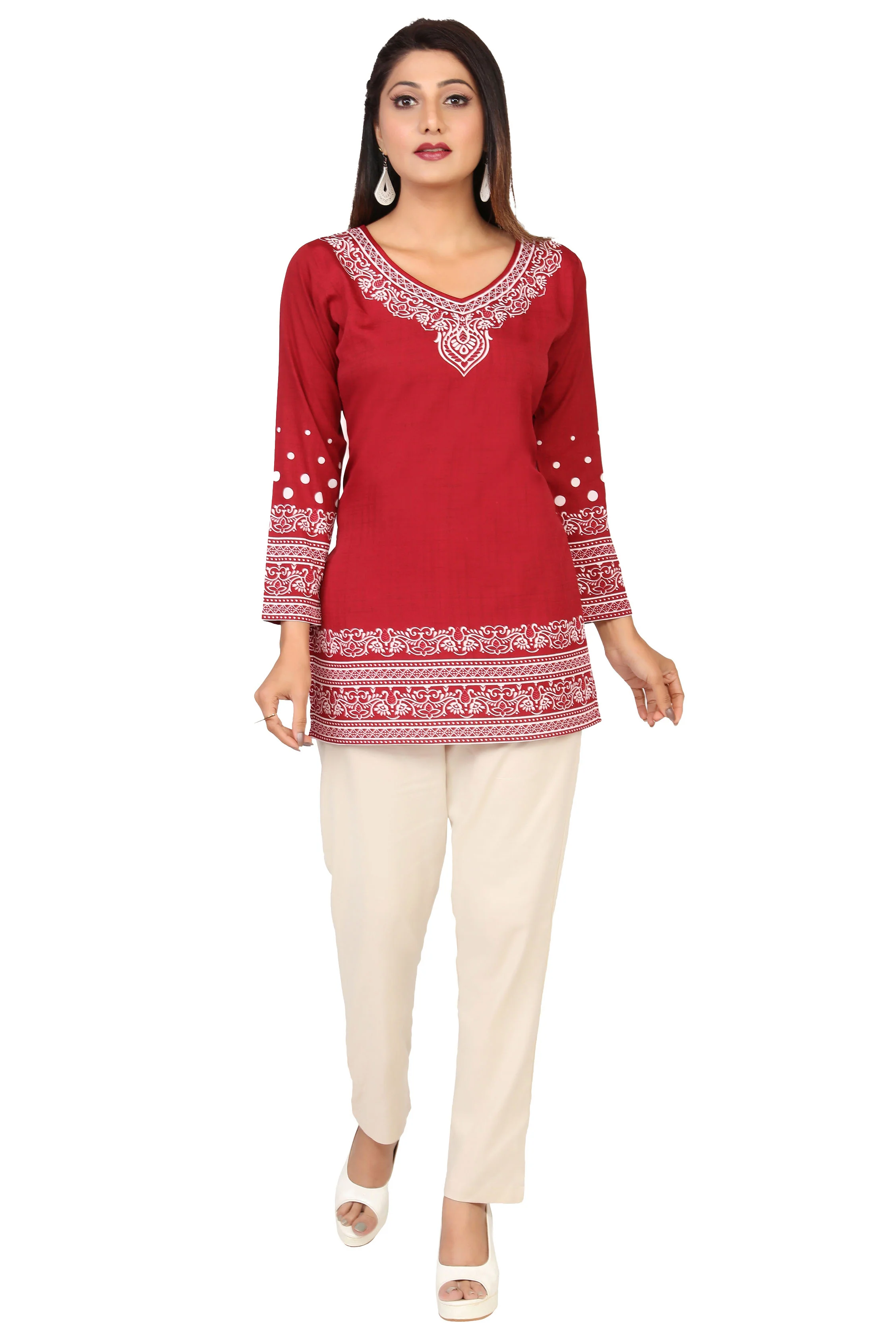 Buy Indian Kurtis Online- Stylish Maroon Printed Kurti Top with White Pattern - Image 4