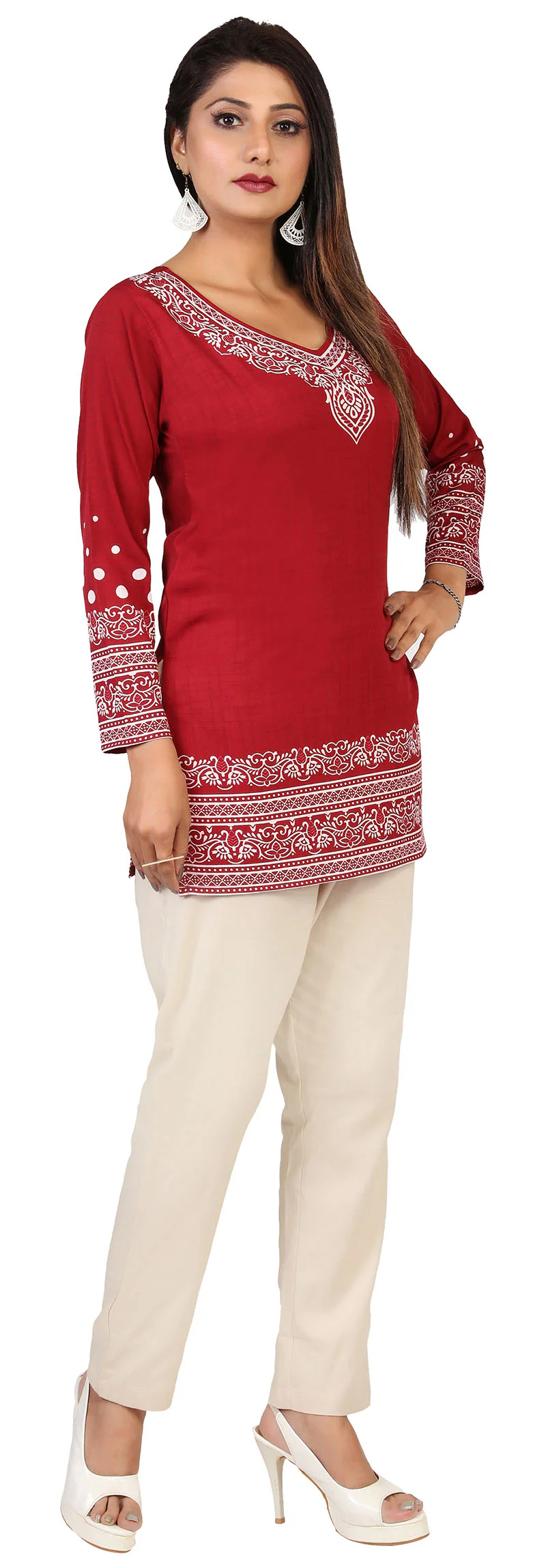 Buy Indian Kurtis Online- Stylish Maroon Printed Kurti Top with White Pattern - Image 5