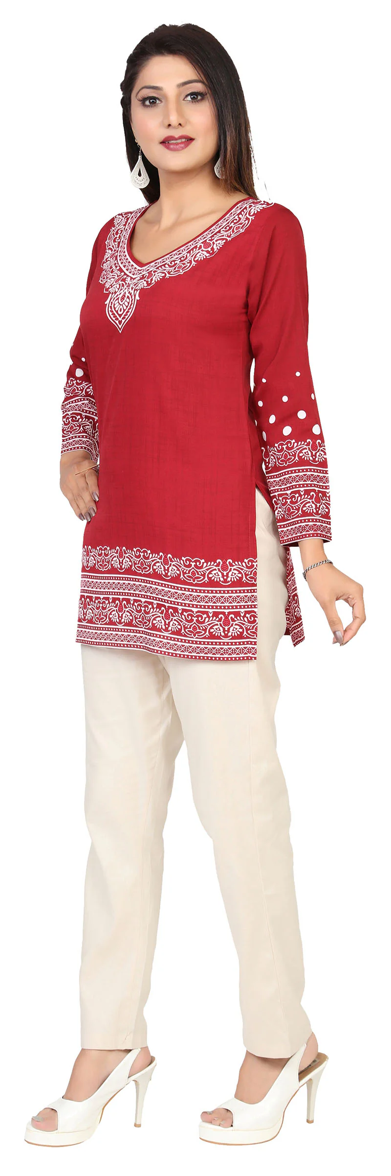 Buy Indian Kurtis Online- Stylish Maroon Printed Kurti Top with White Pattern - Image 6