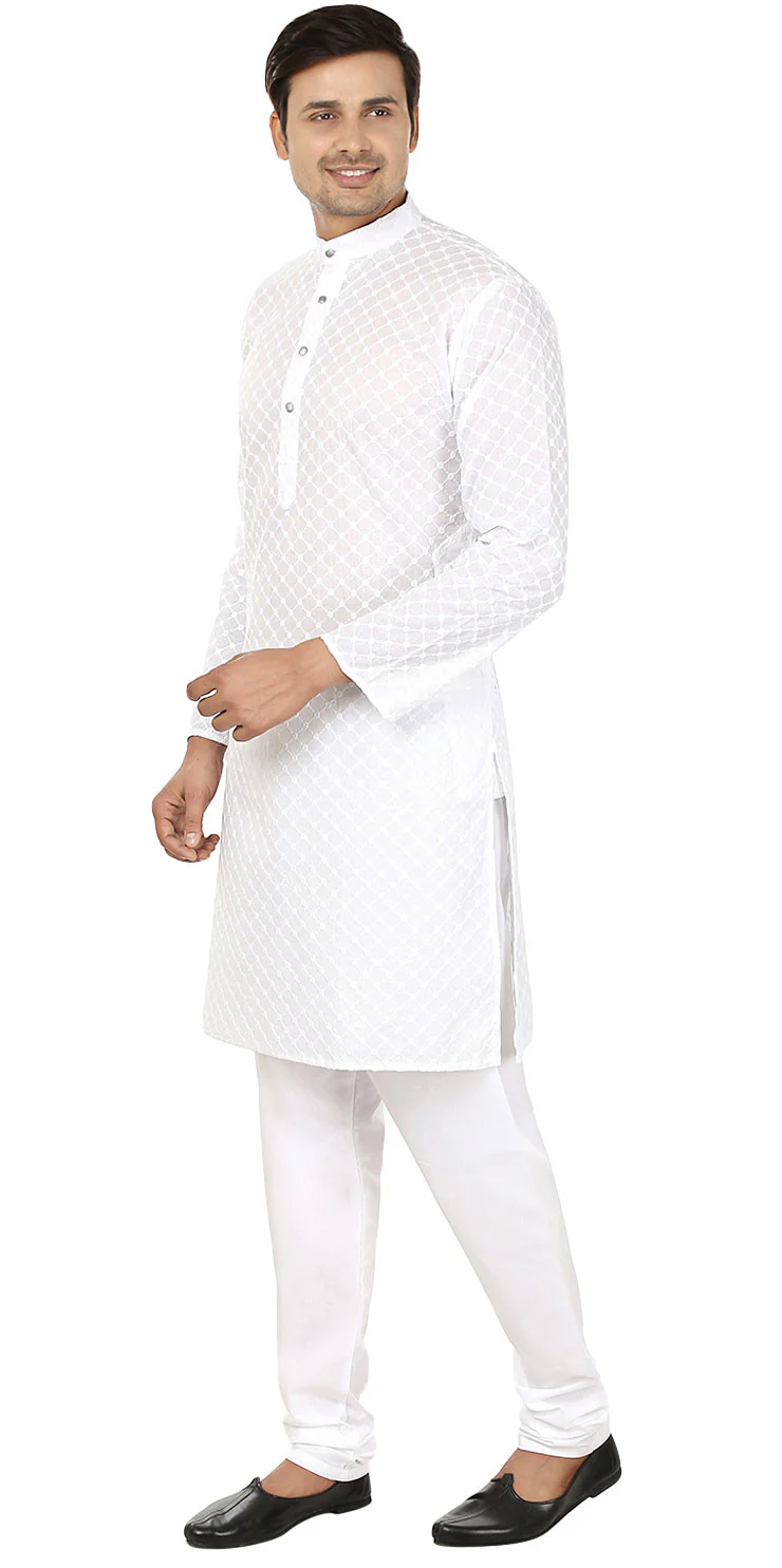 Chikan Embroidered Cotton Men's Kurta Pajama Indian Clothes (White) - Image 2