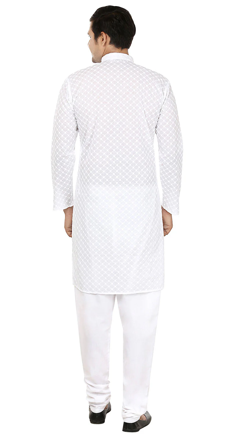 Chikan Embroidered Cotton Men's Kurta Pajama Indian Clothes (White) - Image 3