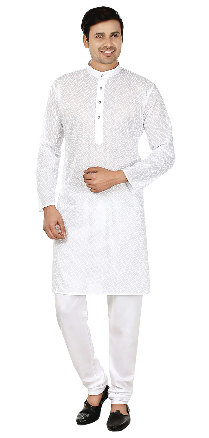 Chikan Embroidered Cotton Men's Kurta Pajama Indian Clothes (White)