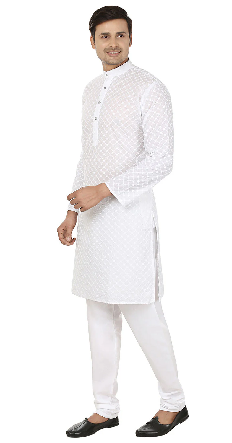 Chikan Embroidered Cotton Men's Kurta Pajama Indian Clothes (White) - Image 2