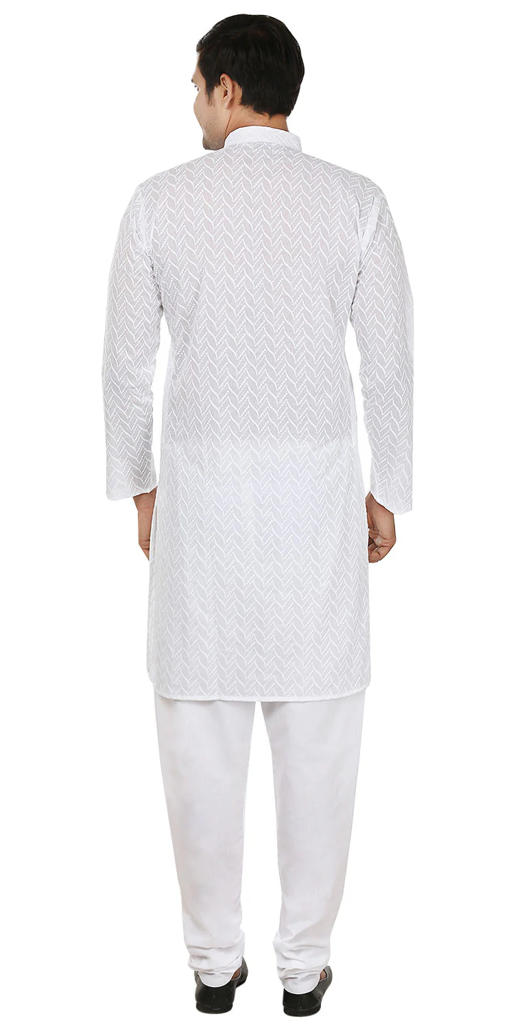 Chikan Embroidered Cotton Men's Kurta Pajama Indian Clothes (White) - Image 3