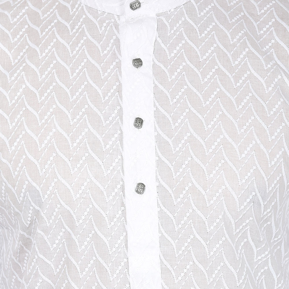 Chikan Embroidered Cotton Men's Kurta Pajama Indian Clothes (White) - Image 4