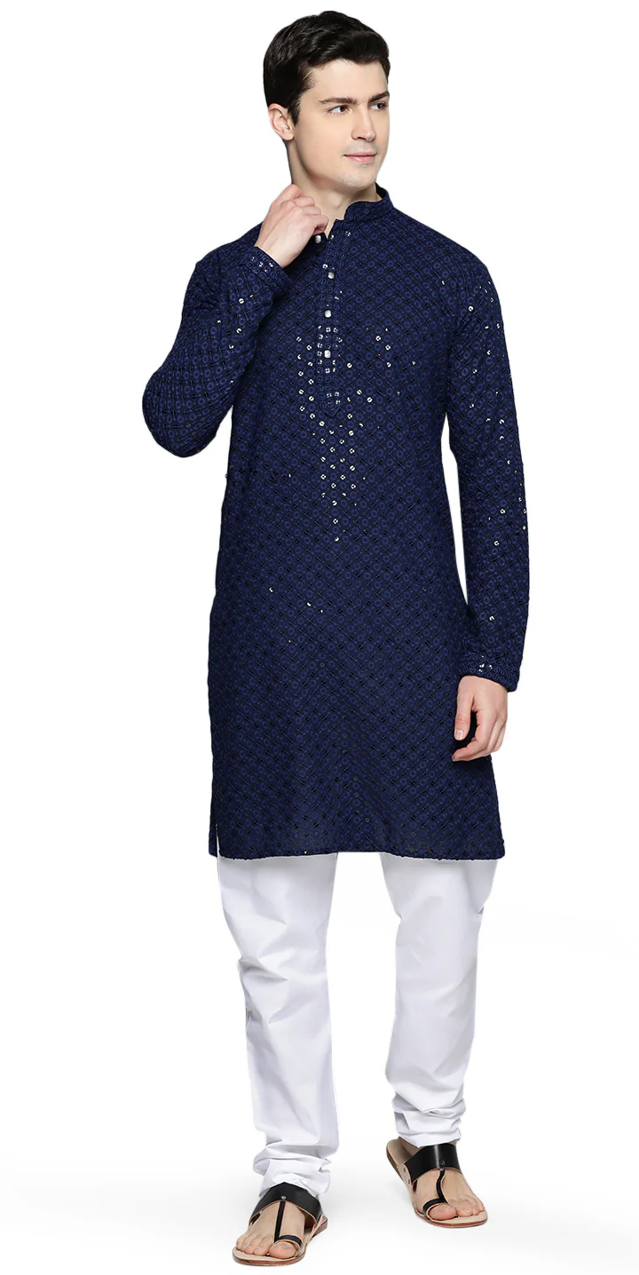 Chikankari Embroidered Sequined Cotton Men's Kurta Pajama (Navy Blue)