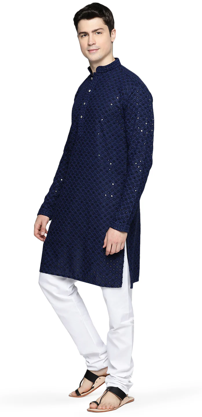 Chikankari Embroidered Sequined Cotton Men's Kurta Pajama (Navy Blue) - Image 2