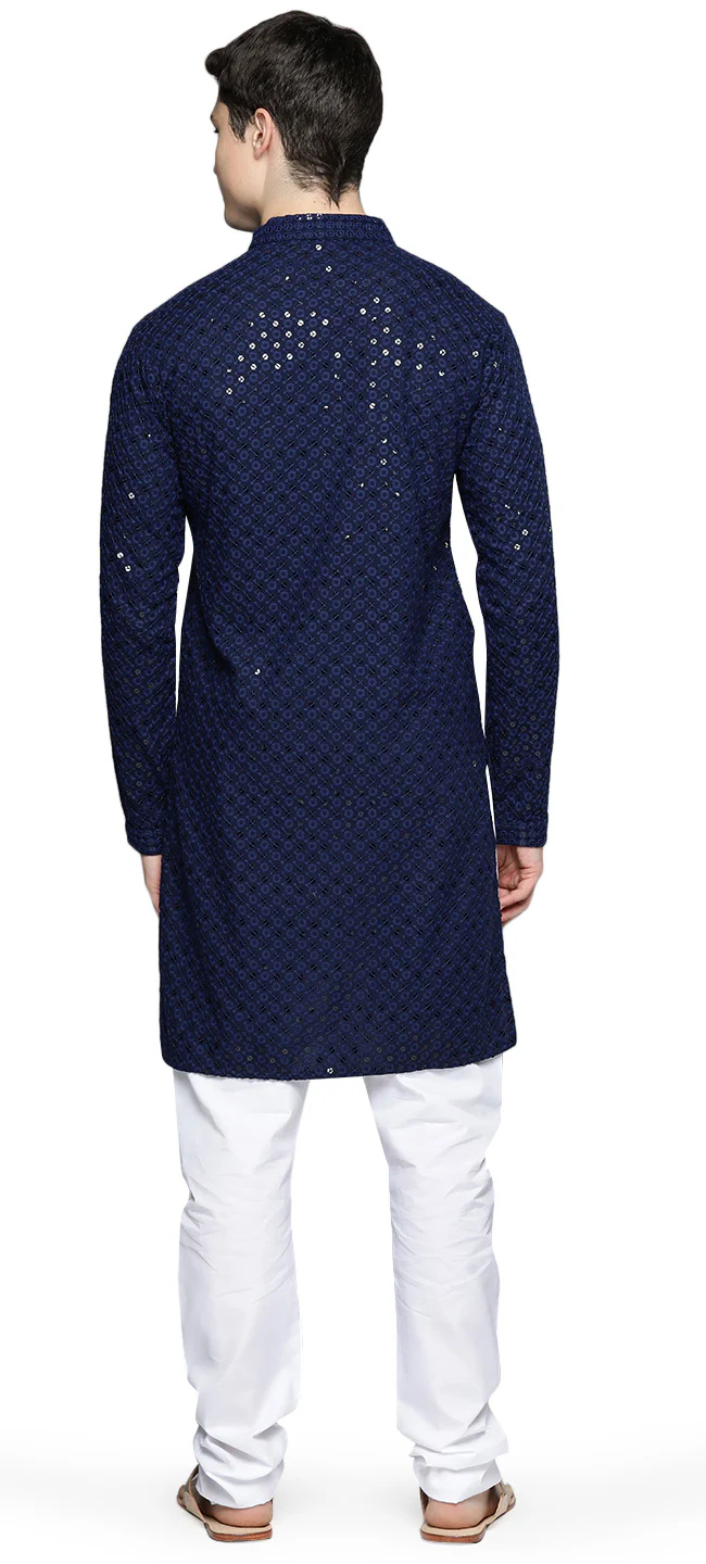 Chikankari Embroidered Sequined Cotton Men's Kurta Pajama (Navy Blue) - Image 3