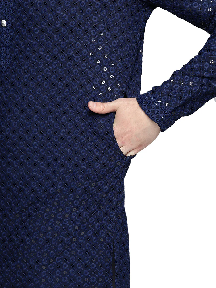 Chikankari Embroidered Sequined Cotton Men's Kurta Pajama (Navy Blue) - Image 4