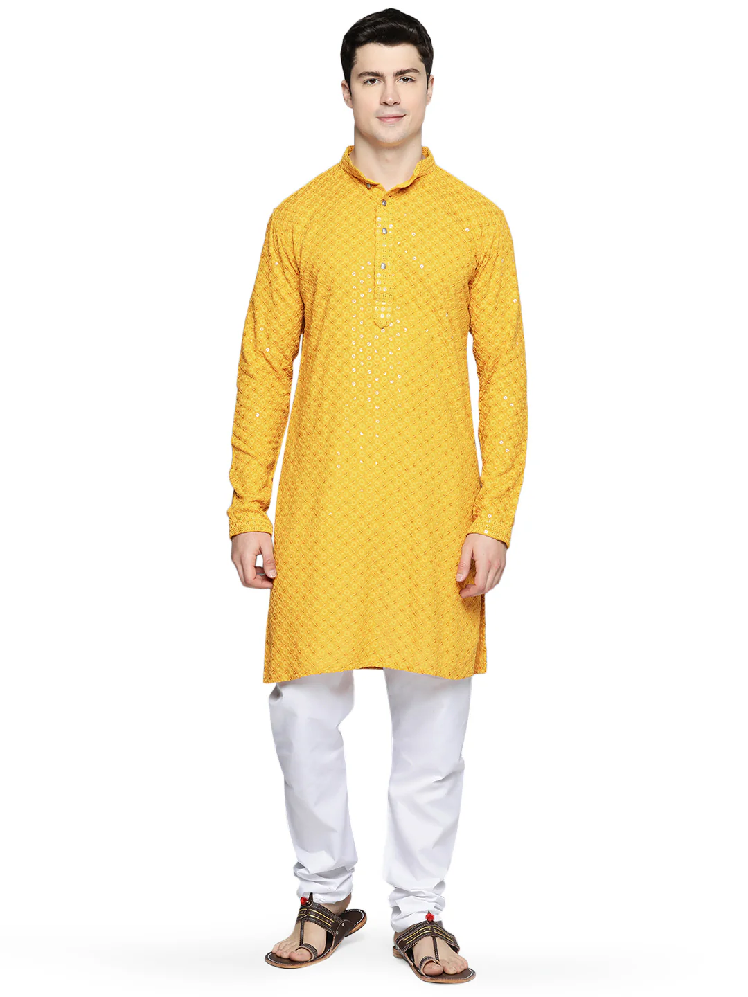 Indian Chikankari Embroidered Sequined Cotton Men's Kurta Pajama (Yellow)