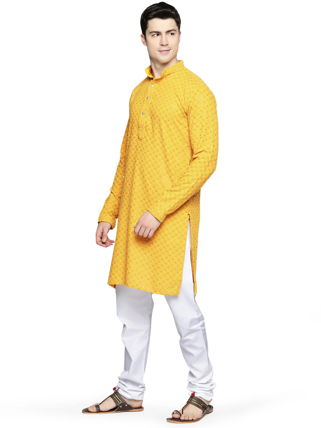 Indian Chikankari Embroidered Sequined Cotton Men's Kurta Pajama (Yellow) - Image 2