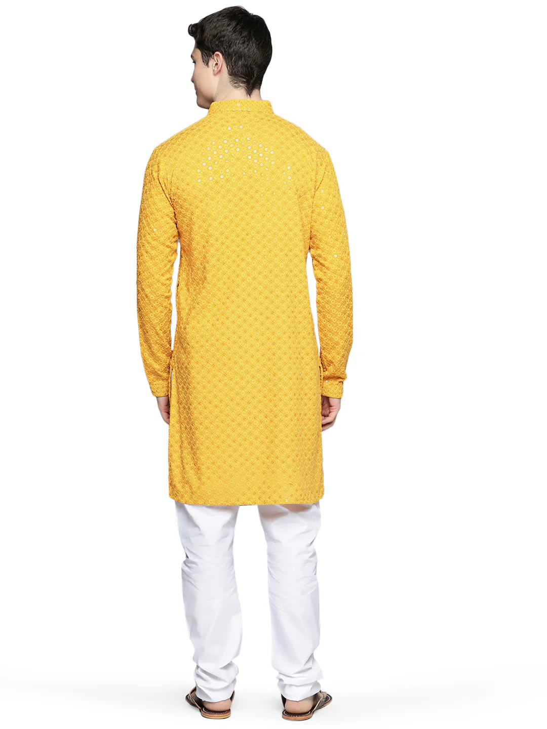 Indian Chikankari Embroidered Sequined Cotton Men's Kurta Pajama (Yellow) - Image 3