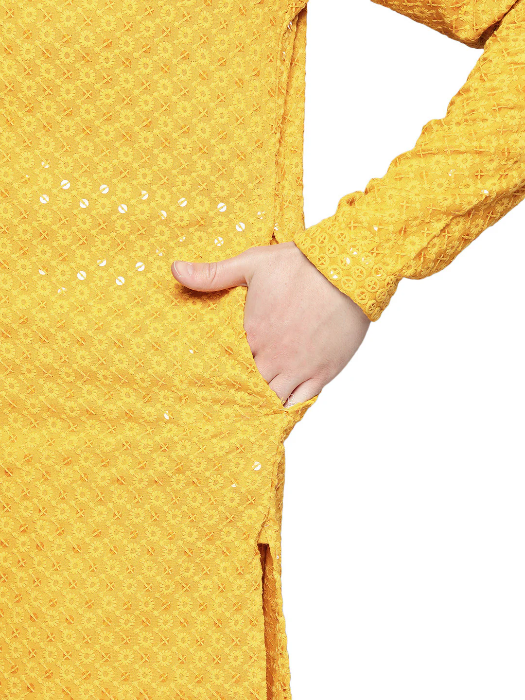 Indian Chikankari Embroidered Sequined Cotton Men's Kurta Pajama (Yellow) - Image 4