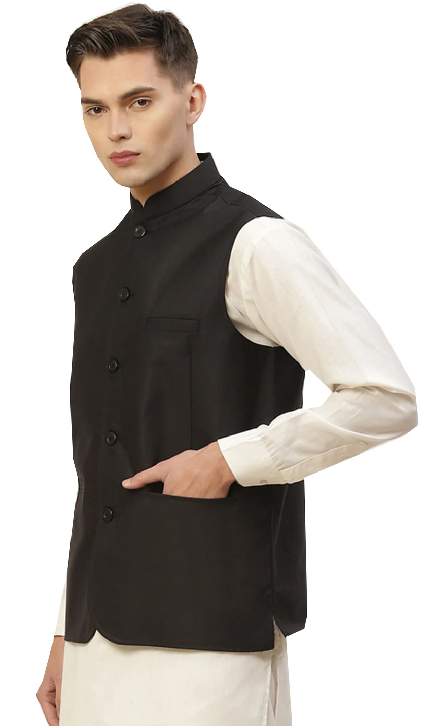 Classic Solid Color Black Jawahar Coat for Men in Premium Cotton (Black) - Image 2
