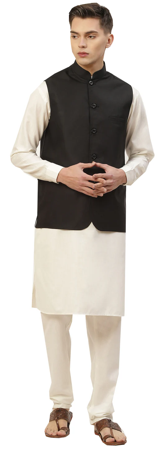 Classic Solid Color Black Jawahar Coat for Men in Premium Cotton (Black) - Image 3