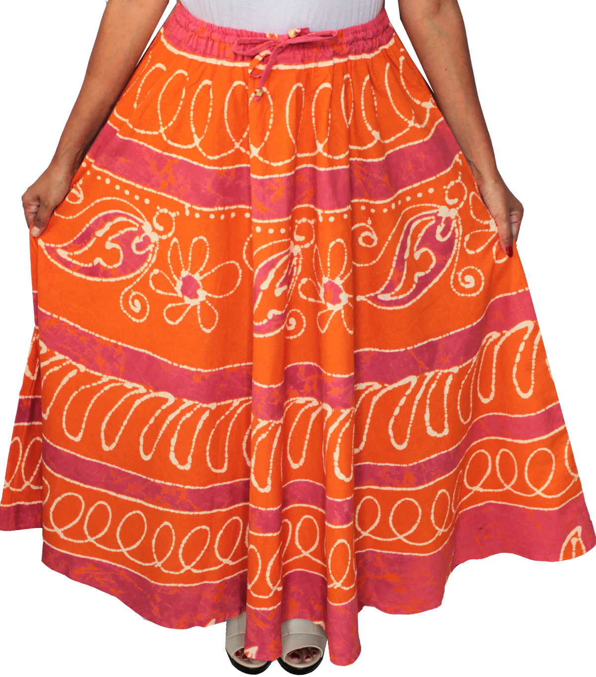 Cotton Batik Printed Womens Long Skirt India Clothing (Orange) - Image 2