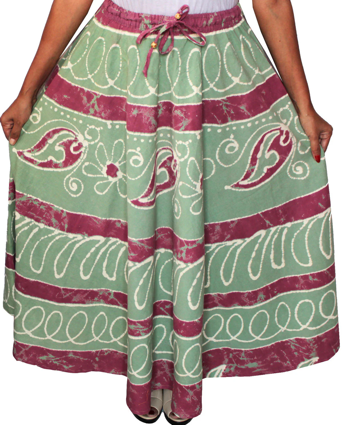 Cotton Batik Printed Womens Long Skirt India Clothing (Green) - Image 2