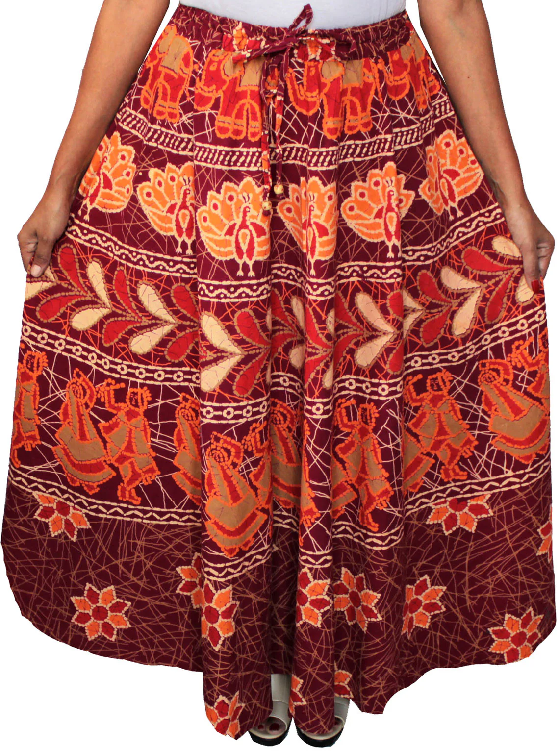 Cotton Batik Printed Womens Long Skirt India Clothing (Maroon) - Image 2