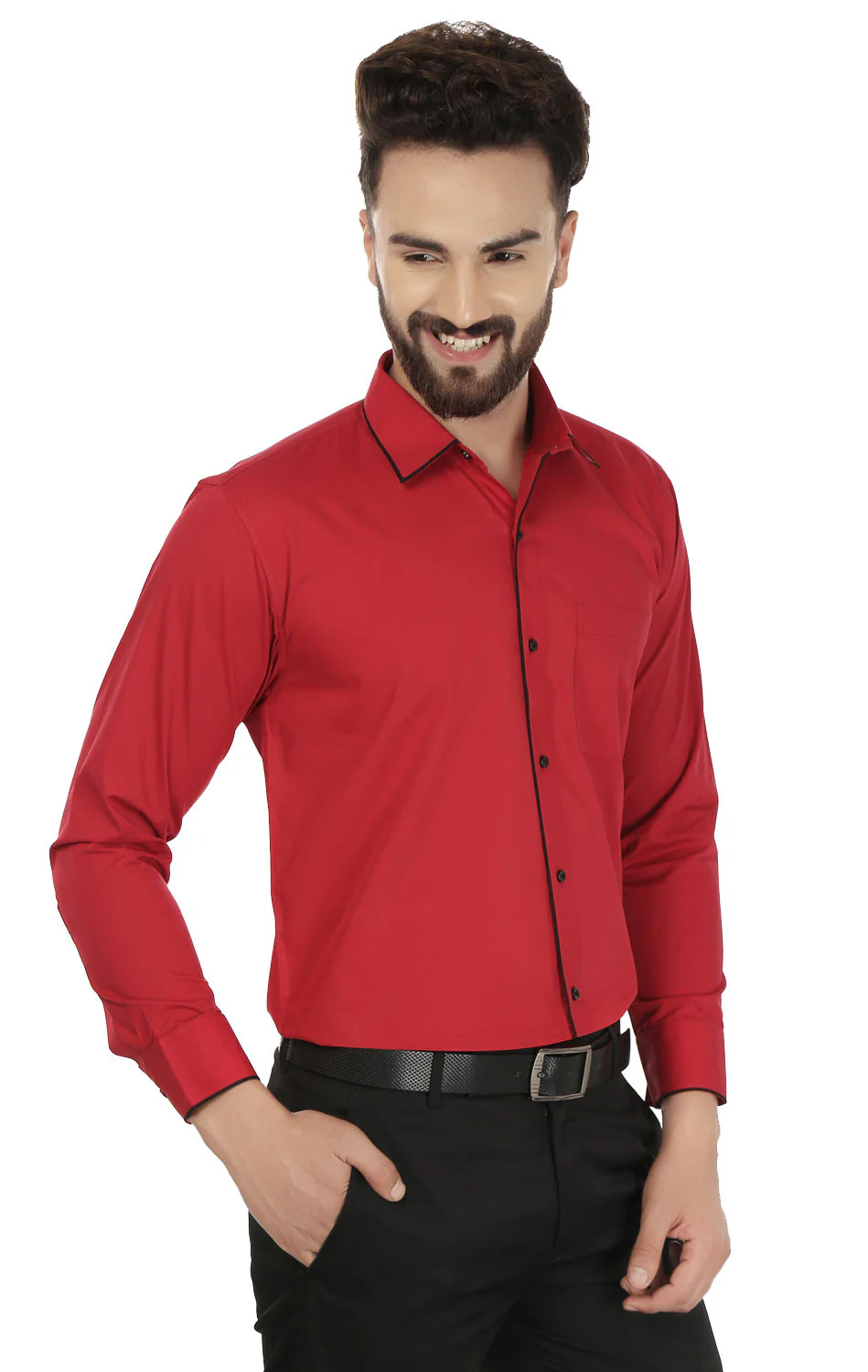 Cotton Button Down Dress Shirt Men's Long Sleeve (Red) - Image 5