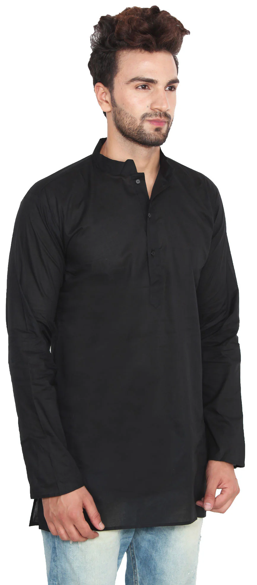 Cotton Dress Mens Short Kurta Shirt India Fashion Clothes (Black) - Image 3
