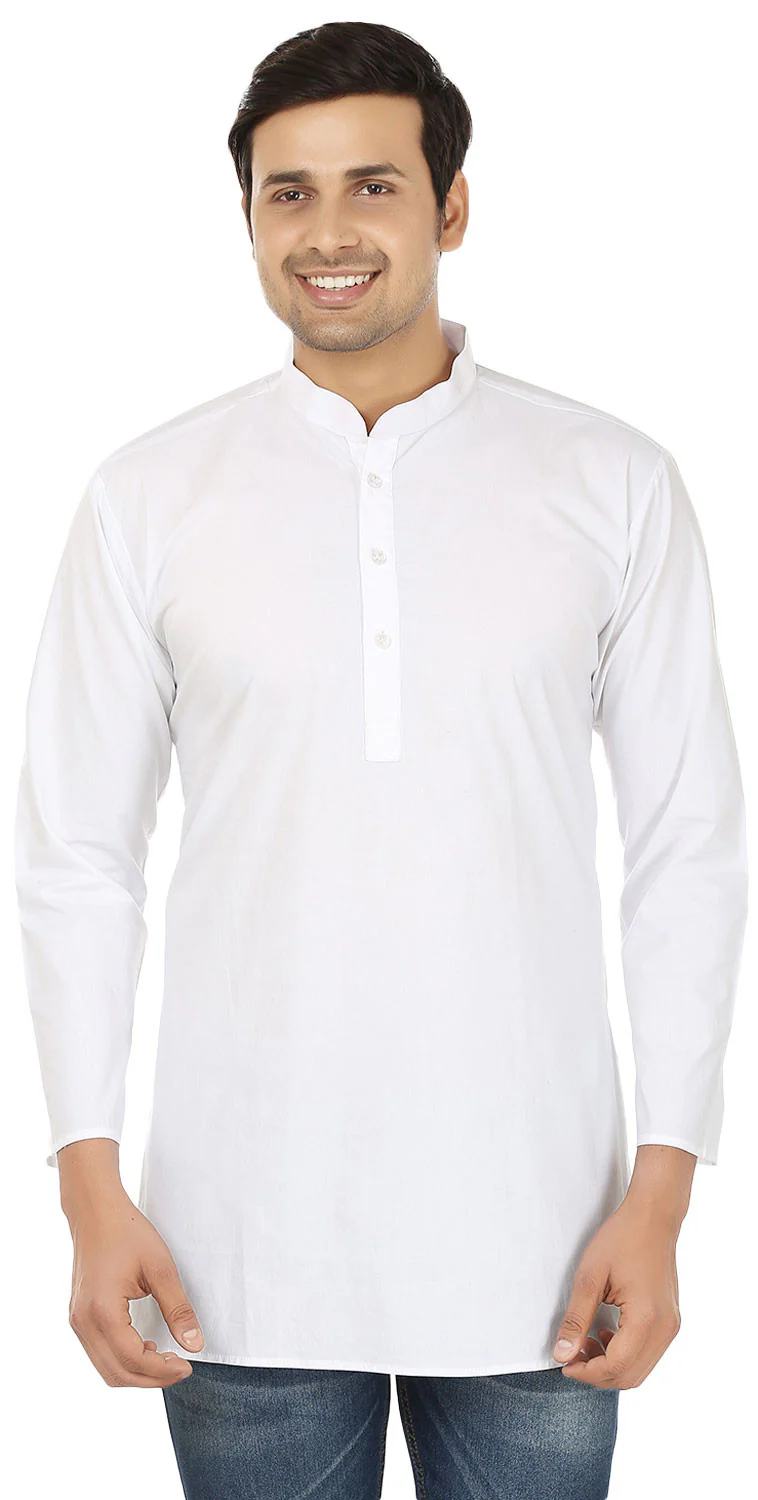 Cotton Dress Men's Short Kurta Shirt Indian Clothing (White)