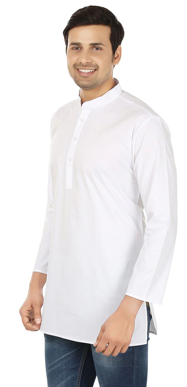 Cotton Dress Men's Short Kurta Shirt Indian Clothing (White) - Image 2