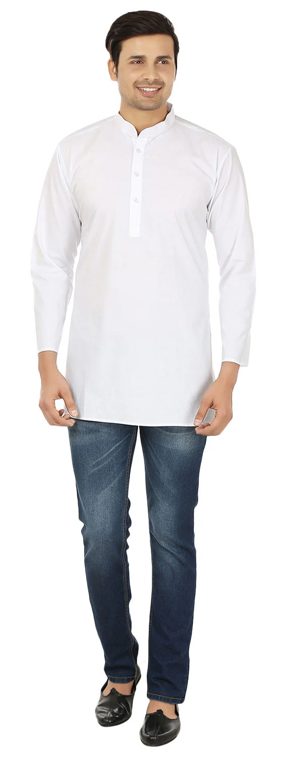 Cotton Dress Men's Short Kurta Shirt Indian Clothing (White) - Image 4
