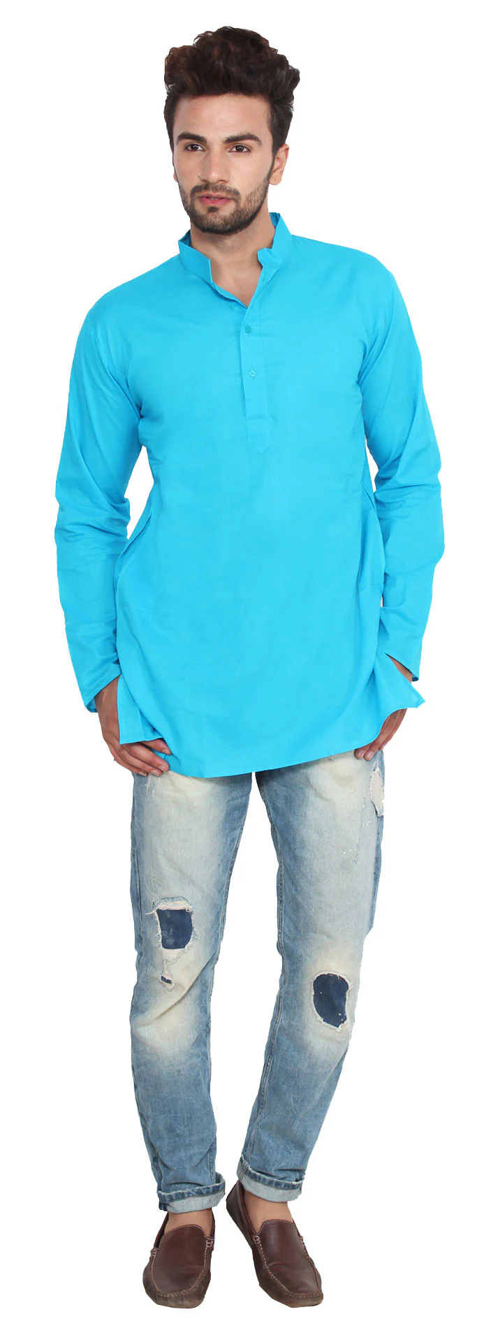 Cotton Dress Mens Short Kurta Shirt Indian Fashion Clothing (Blue) - Image 2