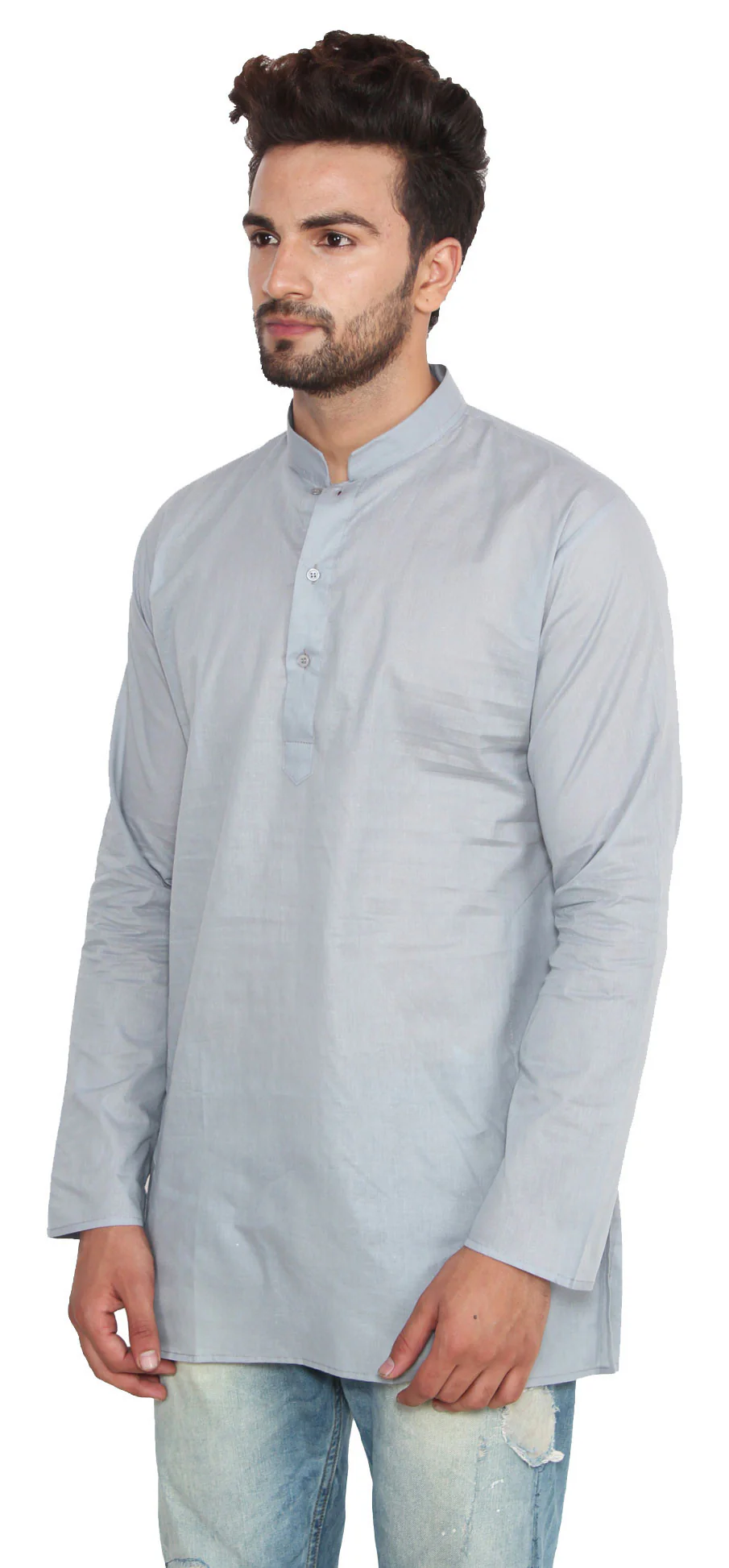 Cotton Indian Dress Mens Short Kurta Shirt Fashion Clothing (Grey) - Image 3