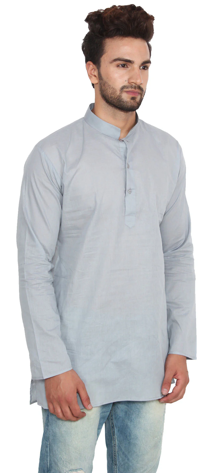 Cotton Indian Dress Mens Short Kurta Shirt Fashion Clothing (Grey) - Image 4