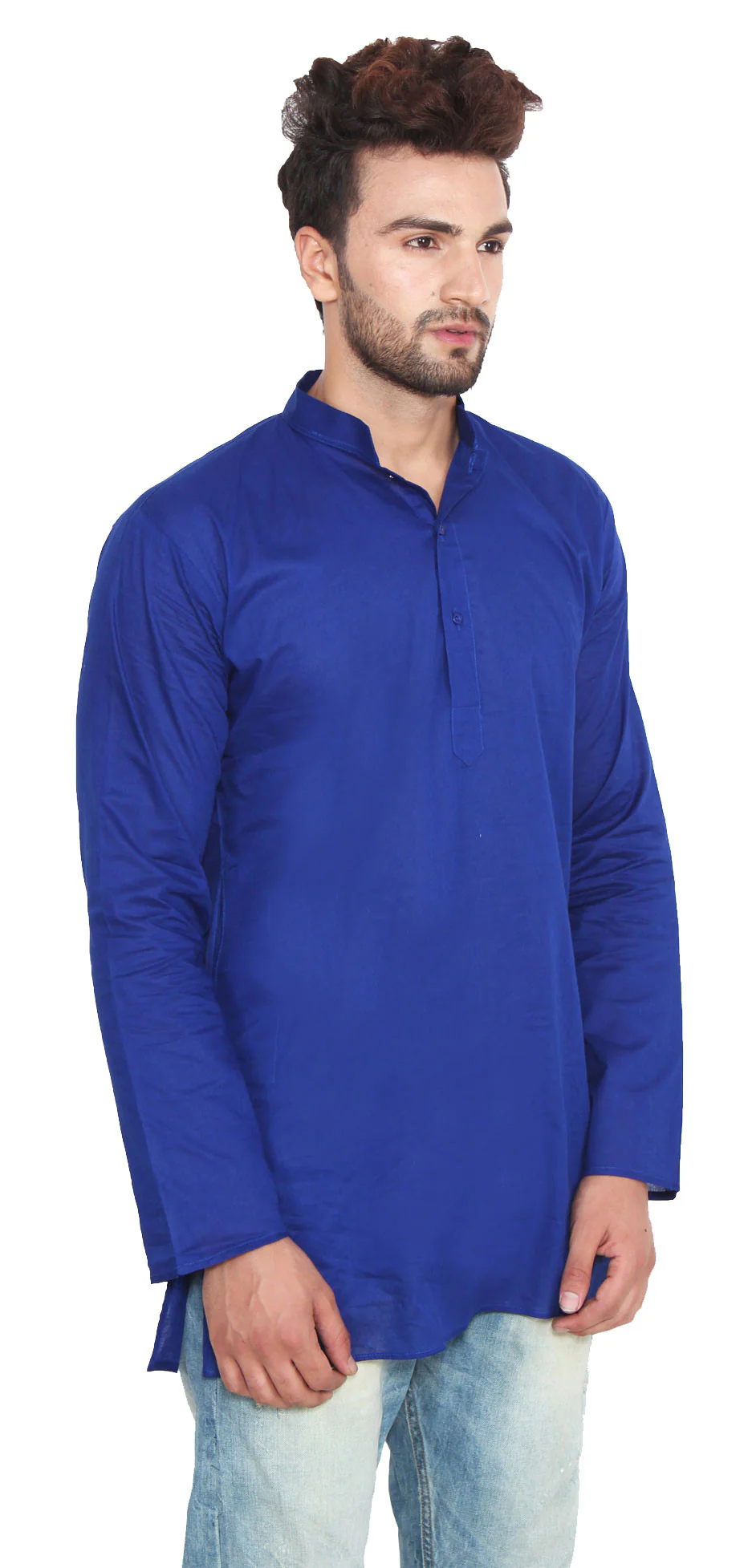 Cotton Dress Mens Short Kurta Shirt India Fashion Clothing (Blue) - Image 3